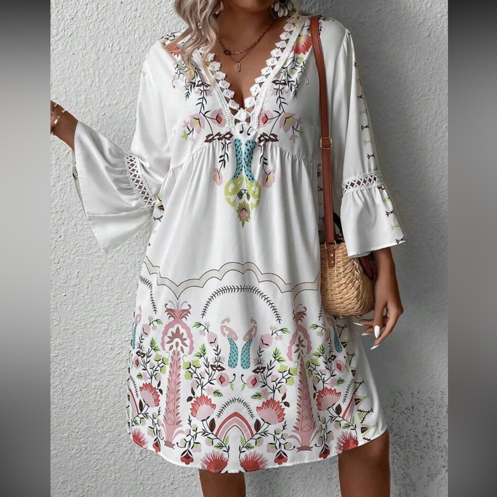 Plus Floral Print Guipure Lace Insert Flounce Sleeve Dress | 4XL